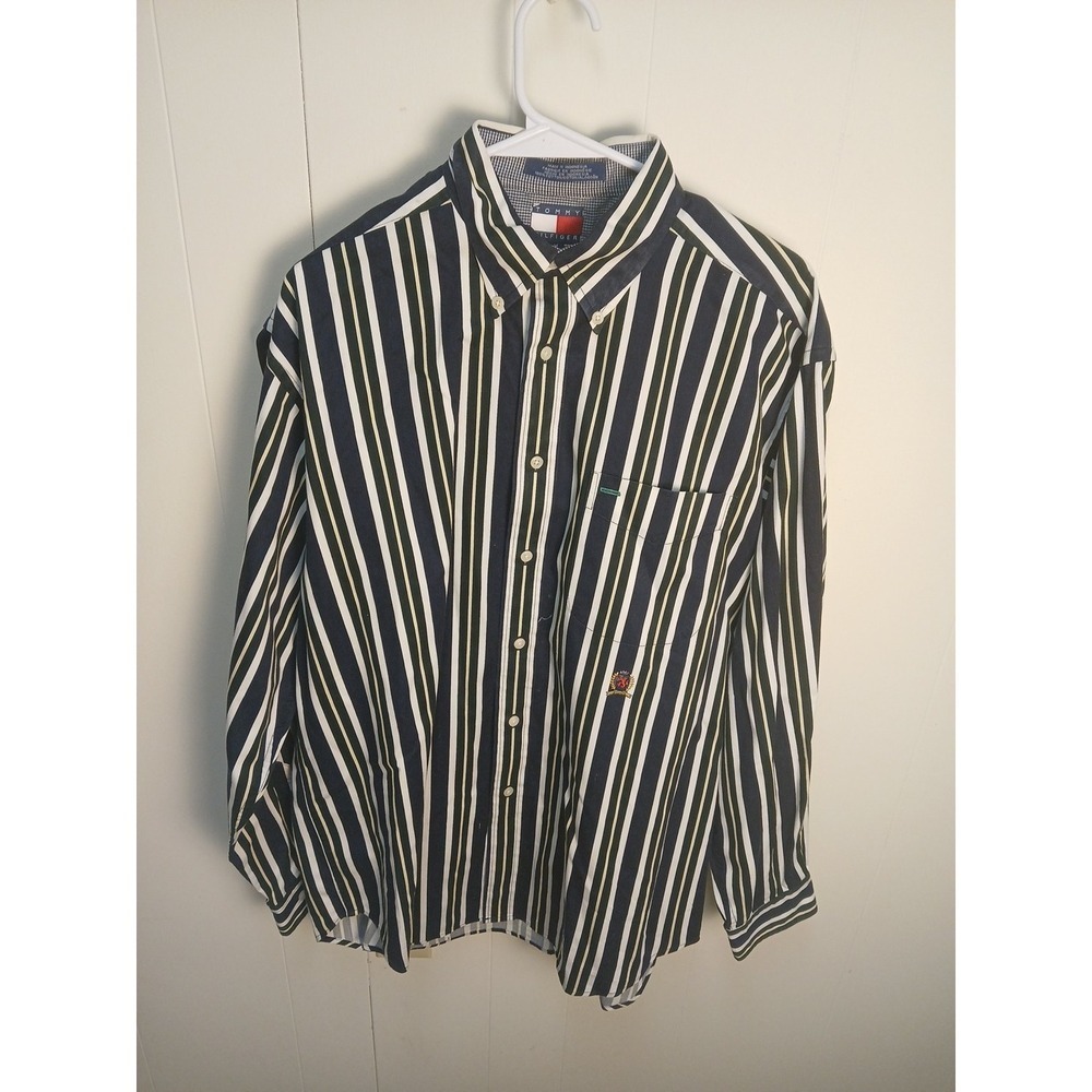 Tommy Hilfiger Vtg 90s Men Size Medium Striped Green Blue White Shirt !!